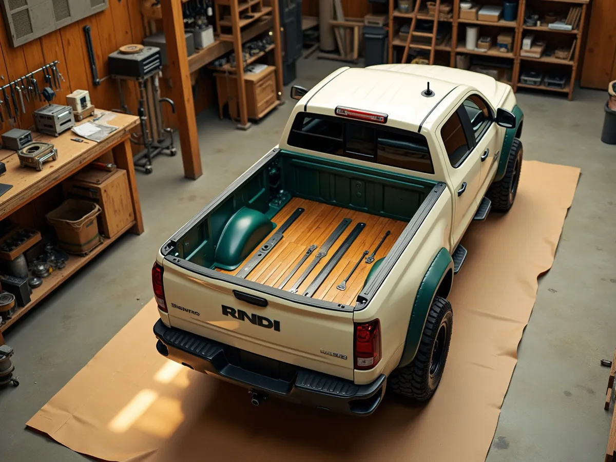 A pickup truck bed kitted with a tonneau cover and a bed rack on a warm concrete apron