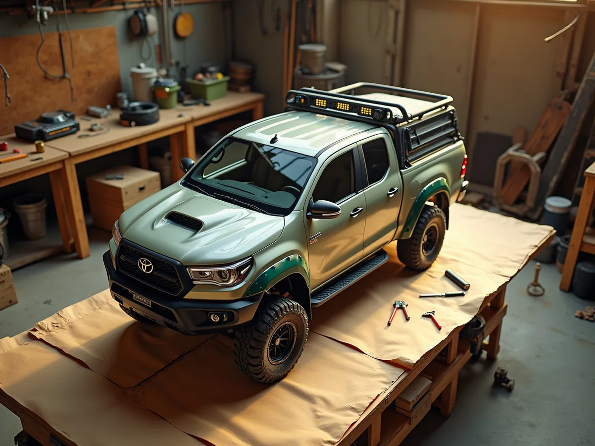 Accessory parts and hand tools laid out on a warm workbench during a truck accessory install