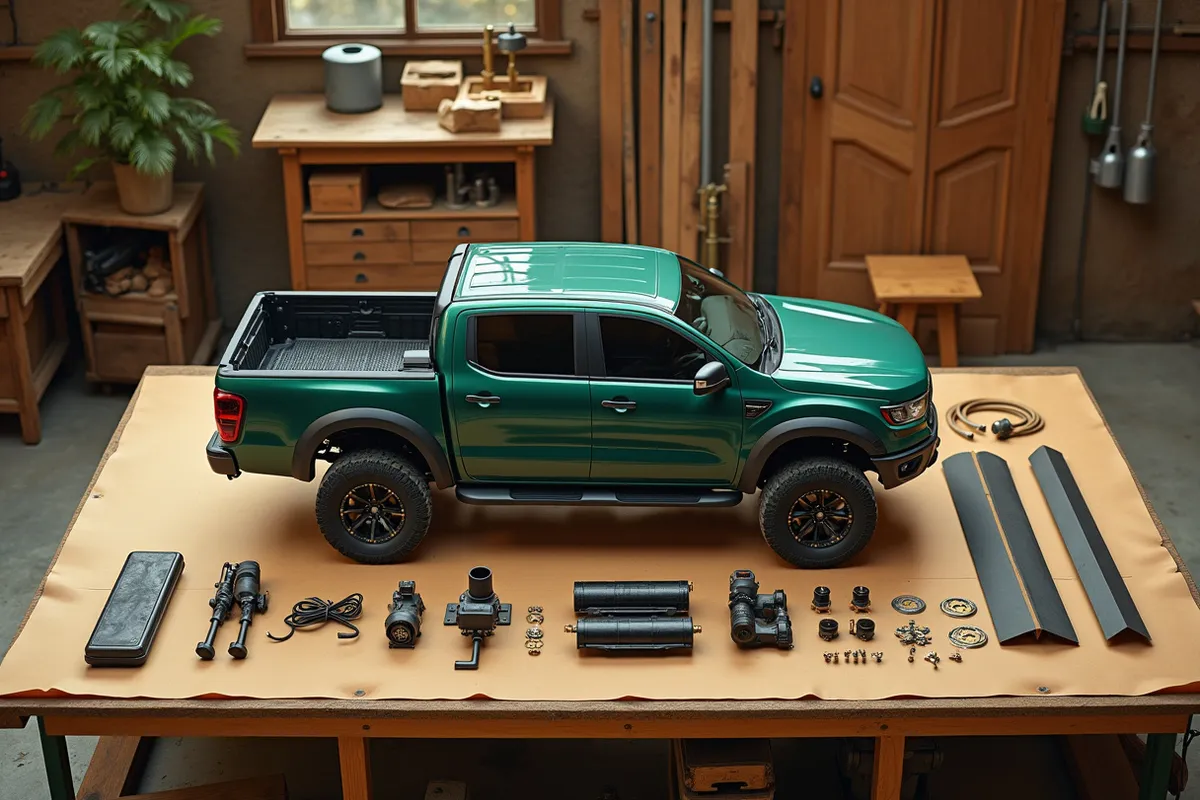Accessory parts — tonneau rails, LED pods and mounting hardware — arranged on a warm workbench