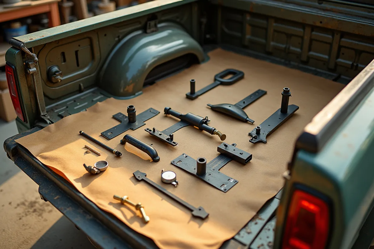 A tape measure and bed-rail mounting brackets laid out on a warm workbench beside an open pickup bed