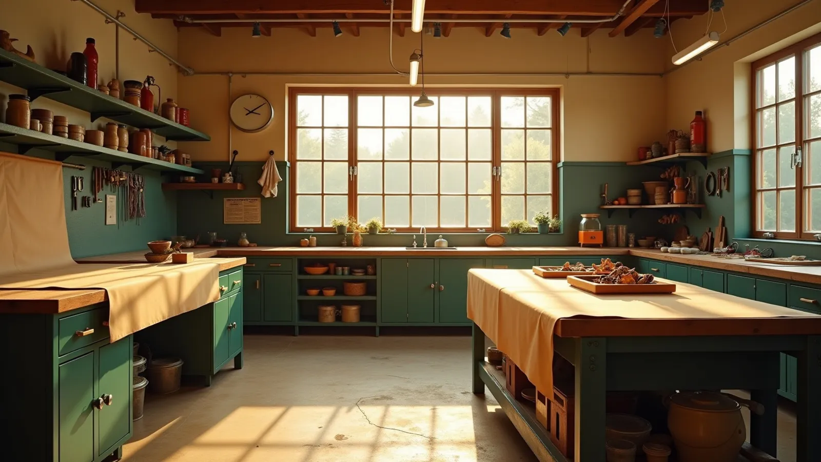 A warm, sunlit workshop with kraft paper, hand tools and a parts tray on a workbench apron