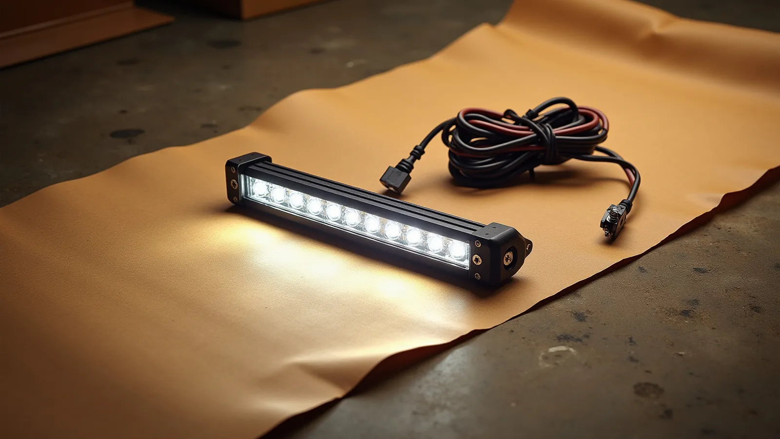 A Bronco-style 4x4 SUV with a roof LED light bar and chunky all-terrain tires on warm concrete