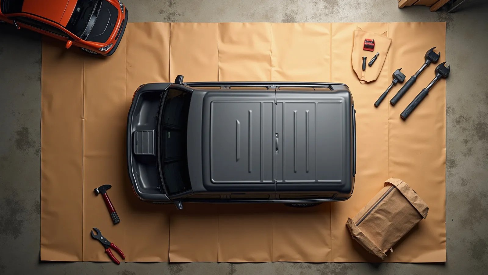 A tri-fold hard tonneau cover folded into panels on a warm concrete apron