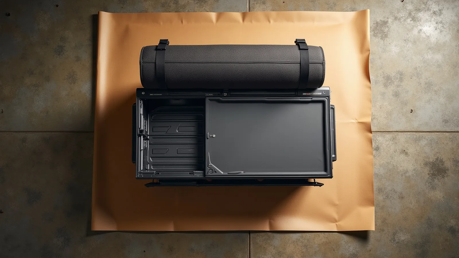 A low-profile soft tonneau cover and bed extender laid out on a warm apron