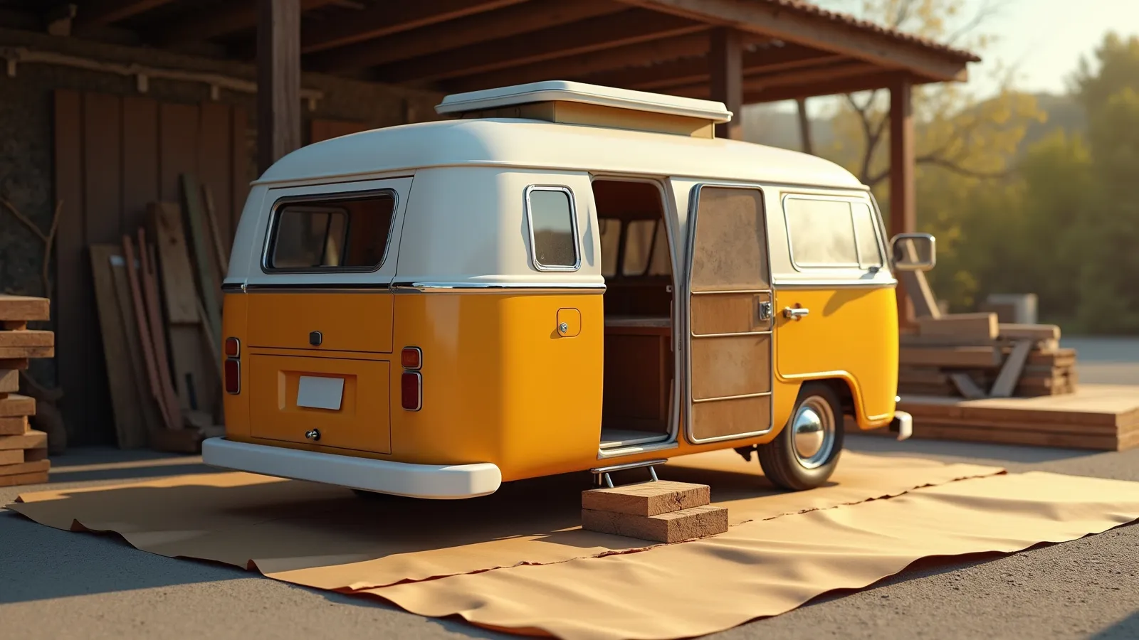 A fiberglass camper shell canopy standing on weathered concrete in warm late-afternoon light