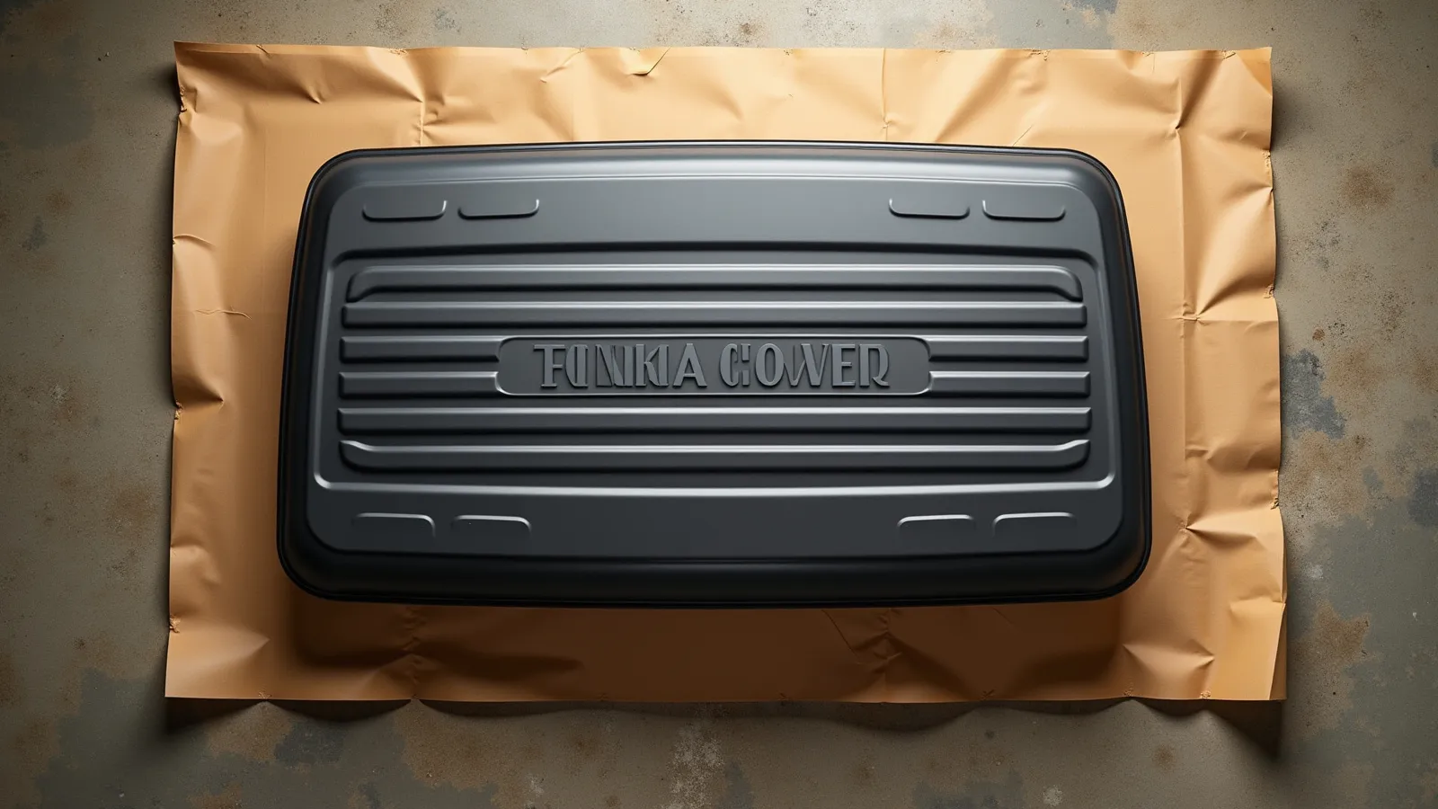A hard tonneau cover and its rails laid out on a honey-toned apron