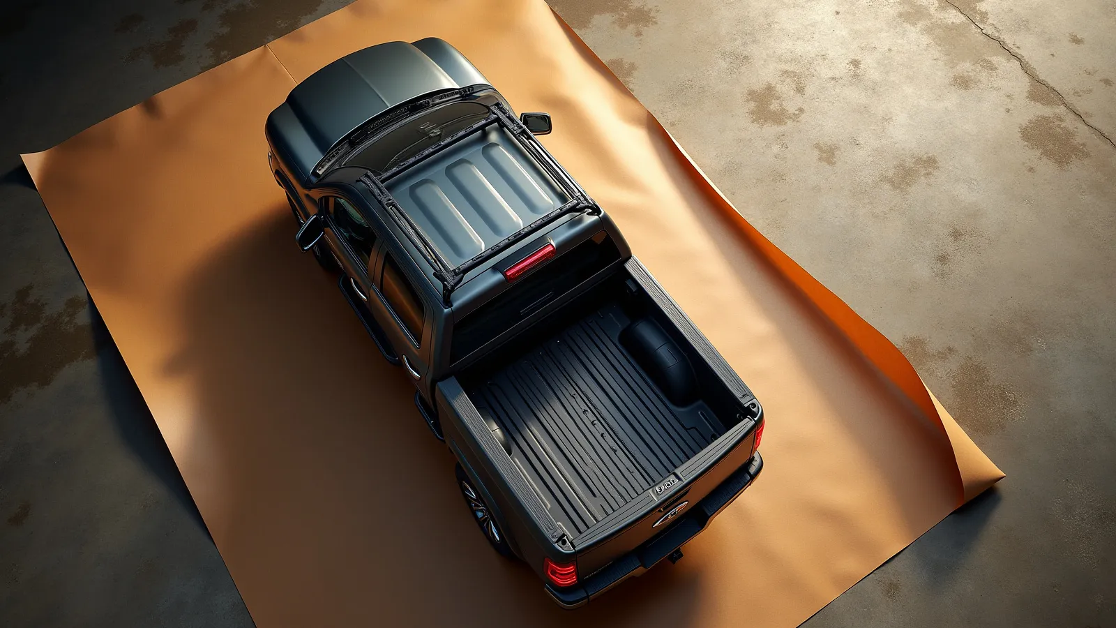 A tonneau cover and bed-mounted ladder rack laid out on a warm apron