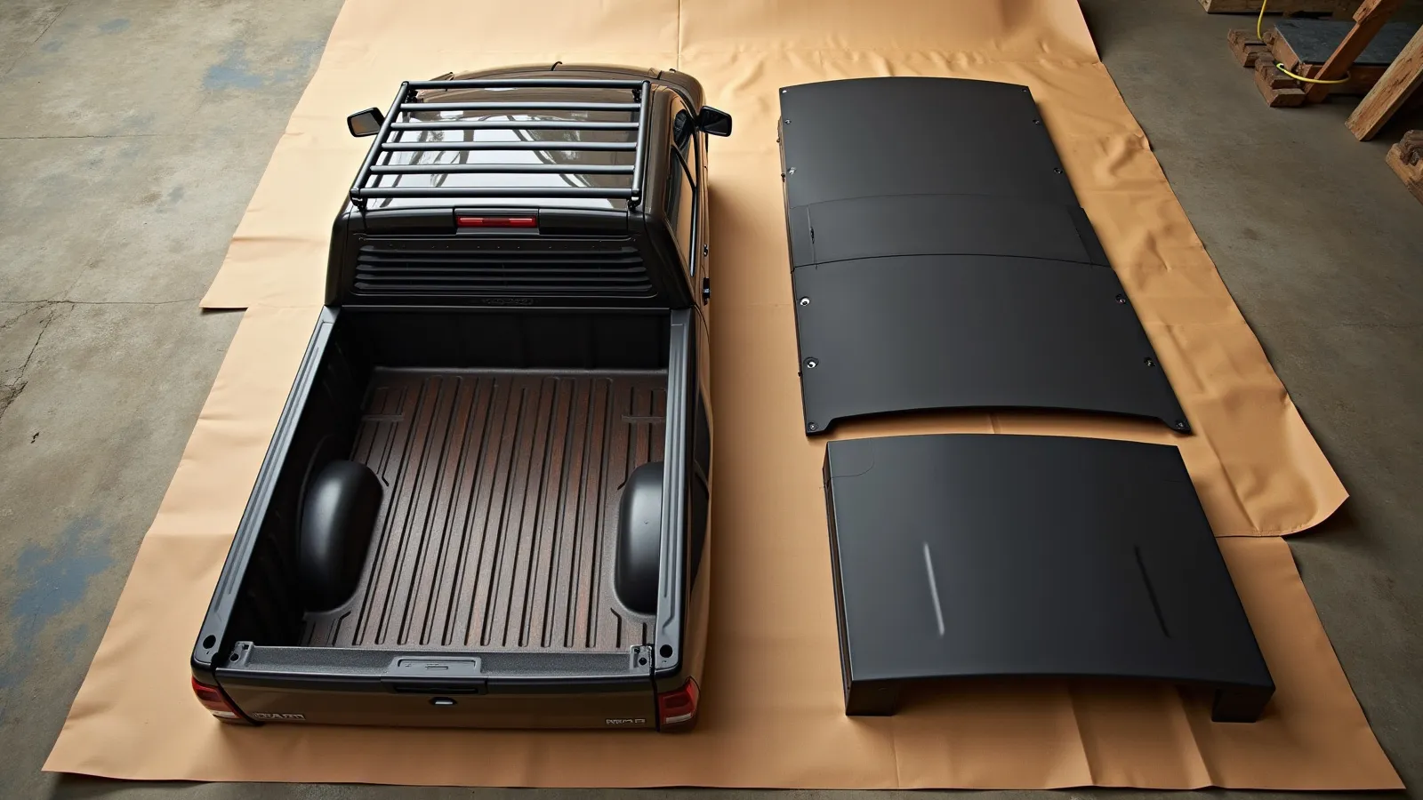 A bed rack and tonneau cover panels laid out on warm weathered concrete