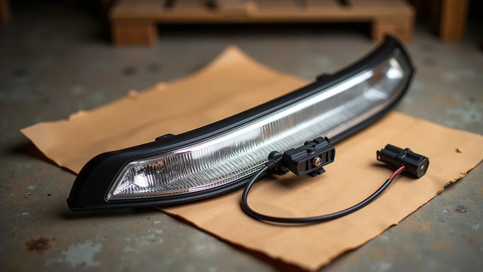 A windshield A-pillar LED light bar and its wiring laid out on a warm apron