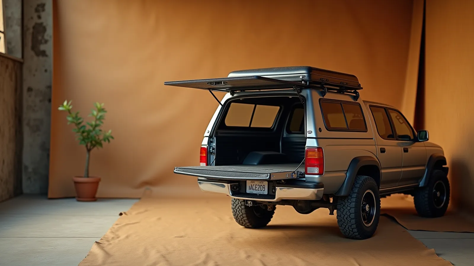 A camper shell canopy and its bed rack staged on a warm concrete apron