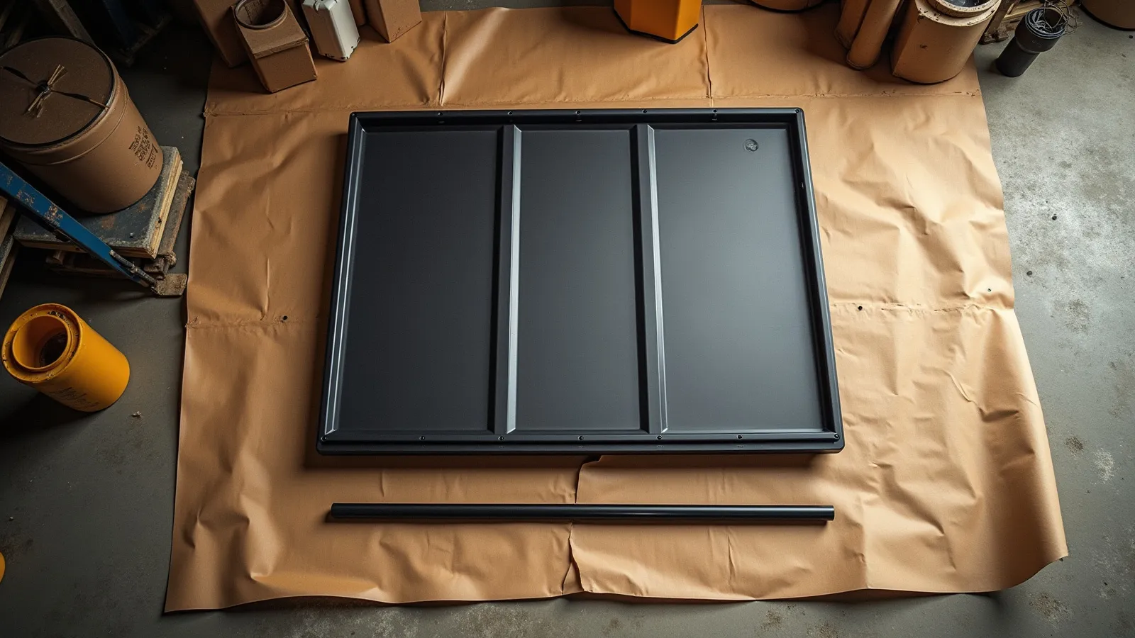 A hard tonneau cover panel and brush-guard bar laid out on a honey-toned apron