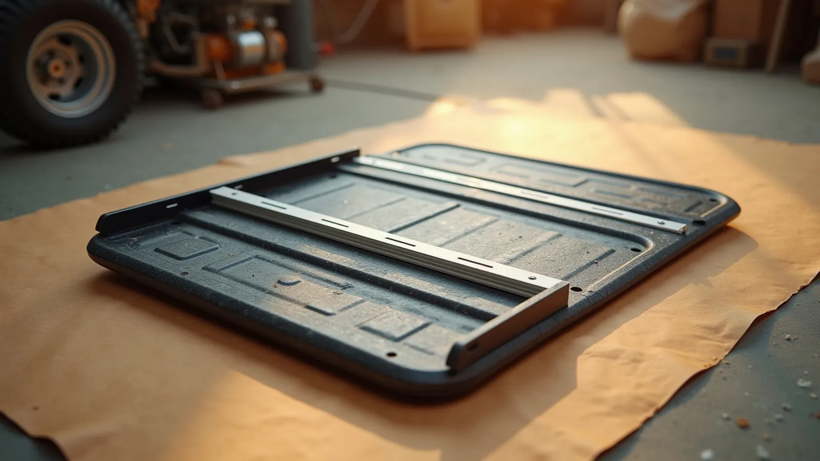 A hard folding tonneau cover and its rails laid out on a honey-toned shop apron