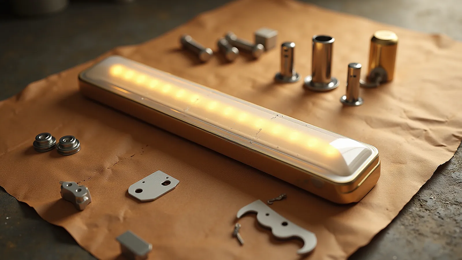A roof LED light bar and its mounting brackets laid out on warm weathered concrete