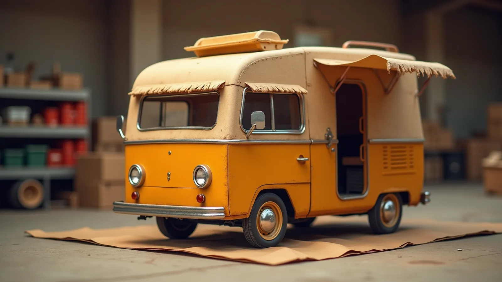 A camper shell canopy staged on a warm concrete shop apron