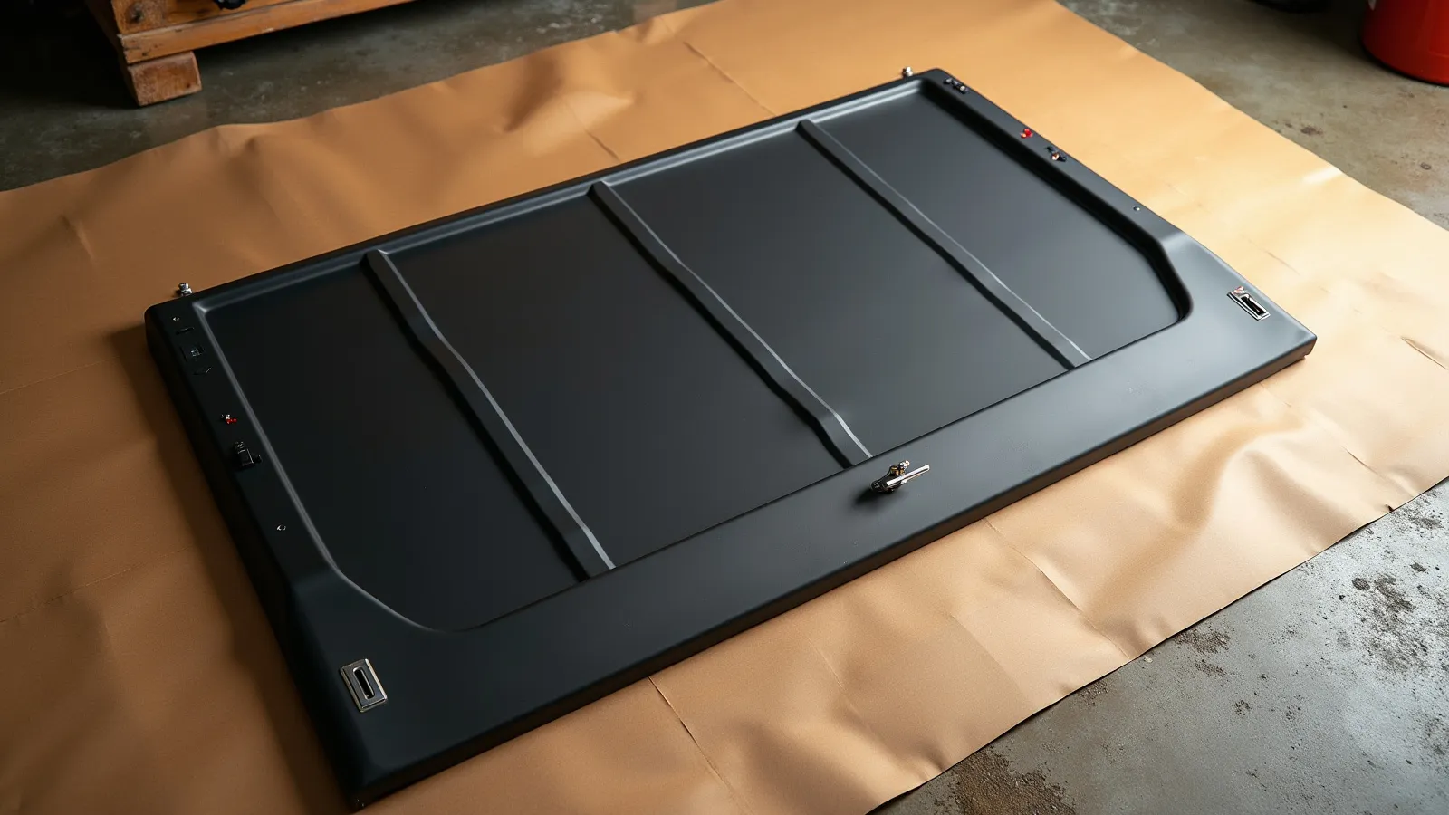 A hard tri-fold tonneau cover panel set laid out on a honey-toned apron