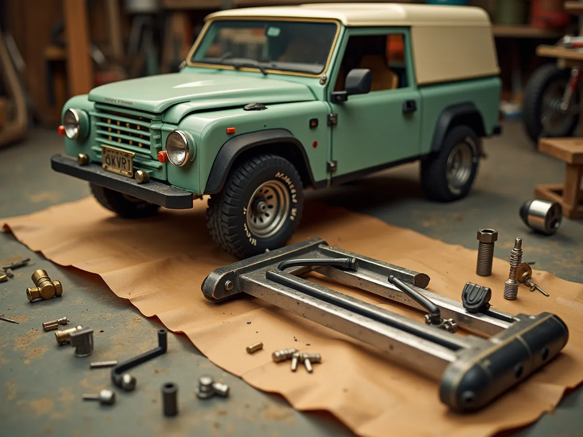 A chrome-and-black bull bar with its mounting hardware staged on a shop apron