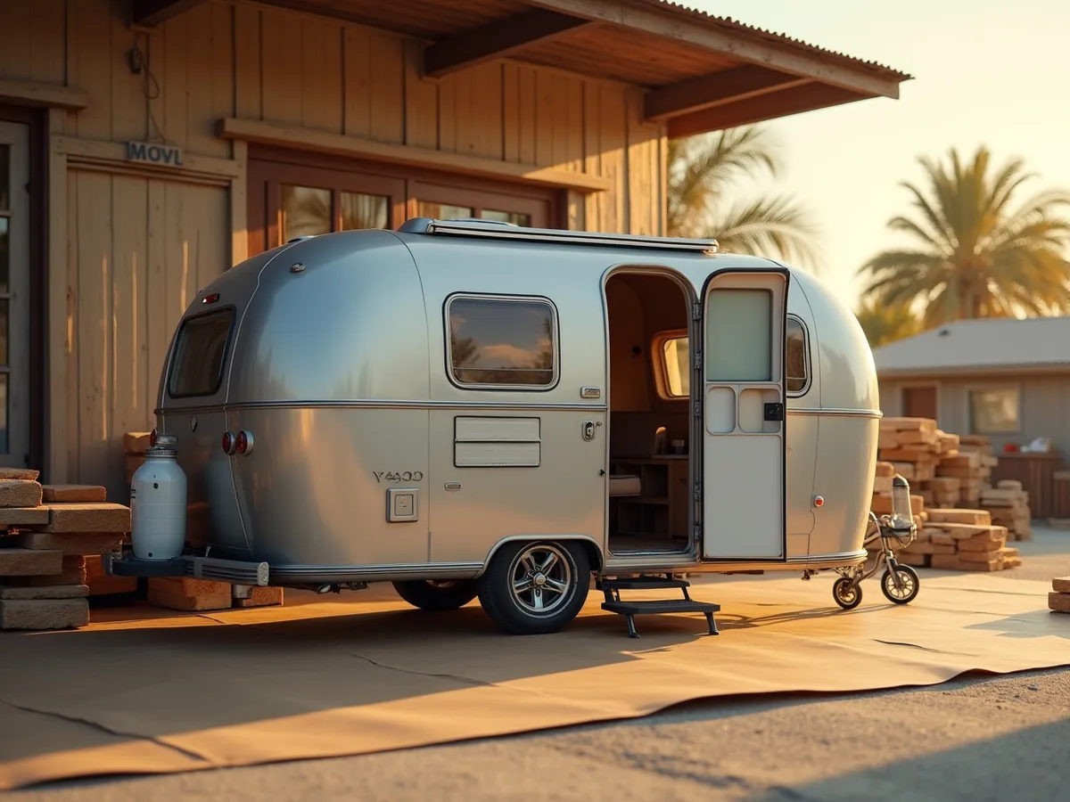A fiberglass camper shell canopy standing on weathered concrete with its rear door open