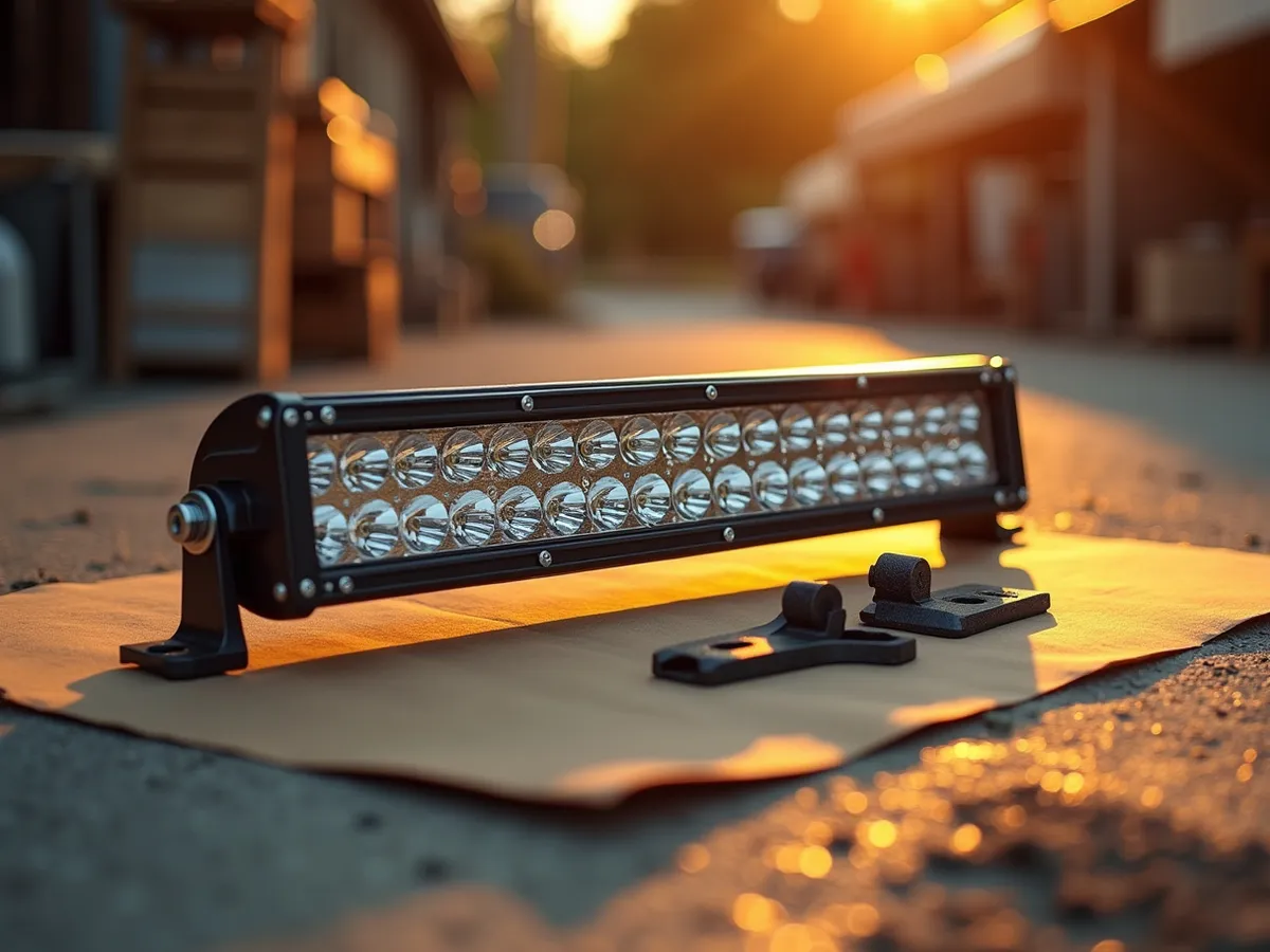 An off-road LED light bar with its mounting brackets laid out on a warm apron at golden hour
