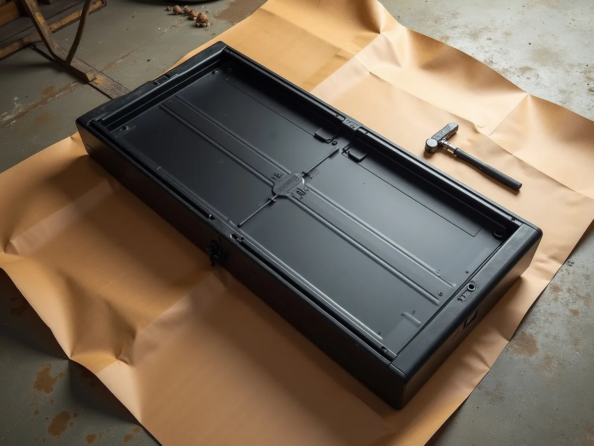 A hard folding tonneau cover folded into panels on a warm apron with a hand tool staged beside it